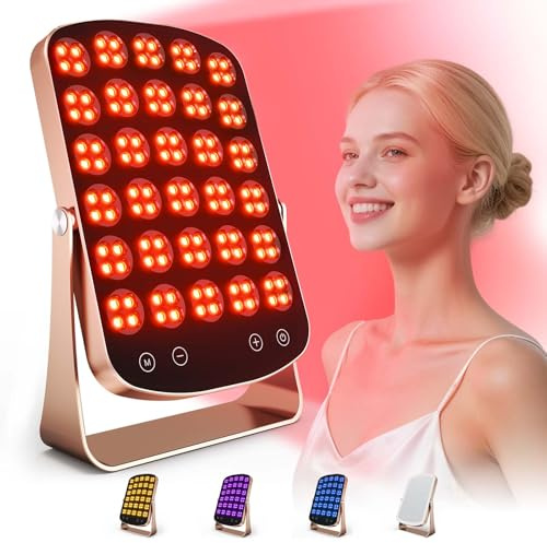 Morfone Lampe à lumière rouge 2 en 1 et miroir de maquillage (460/590/660/850 nm) 4 longueurs d'onde, 120 LED & 4 modes & 3 niveaux de luminosité, panneau de lumière rouge portable avec lunettes de