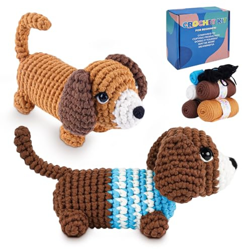 Yoljun Dackel Häkelset für Anfänger mit Häkel Zubehör, Häckel Kit inkl Garn, Video-Tutorial Set, Häkeln für Anfänger Kinder, Crochet Set für Erwachsene Kinder Geschenk DIY Handarbeit