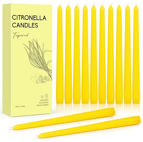 12PCS Tapered Candle, Citronella Candle Sticks with 8 Hours Burning Time | Lemongrass-Scented, Yellow Candles, Natural Soy Wax, Idea for Dinner Candles, Table & Home Decor