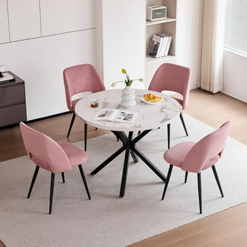 JZGORC Esstisch und Stuhlset, 100 cm Runder MDF Esstisch, 4 Gepolsterte Küchenstühle aus Cord mit Hohlrückenlehne, für Esszimmer, Wohnzimmer, Küche (Marmormuster-BK + Rosa)