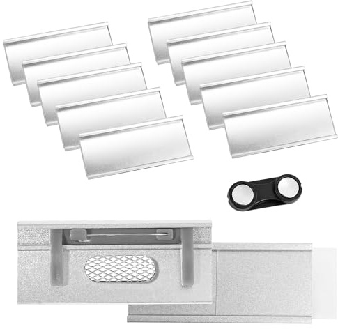 VINATO 10 Pièces Porte-Nom Magnétique pour Vêtements en Aluminium, Double Aimant Puissant, Sans Épingle, Professionnel pour Travail, Salon & École (72 x 35 mm)