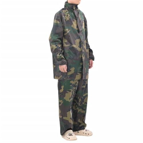 GeenYuu Vêtement de pluie camouflage pour homme 2 pièces avec capuche, polyester imperméable, taille L, taille élastique, protection contre les intempéries pour randonnée, camping, vélo, trekking