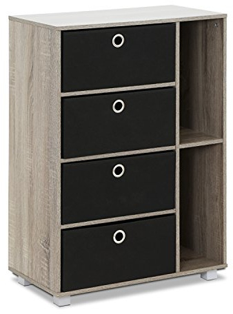 Furinno ANDREY Book Shelf, 4-Tier Bookshelf, Storage Bookcase with Storage Bin Drawers for Living Room, Bedroom, Home Office, French Oak/Black