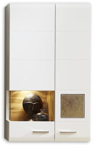 Stella Trading Fun Plus Hängevitrine weiss mit schönen Hirnholz-Applikationen - Moderne Glasvitrine inkl. LED Beleuchtung - 80 x 136 x 37 cm (B/H/T)