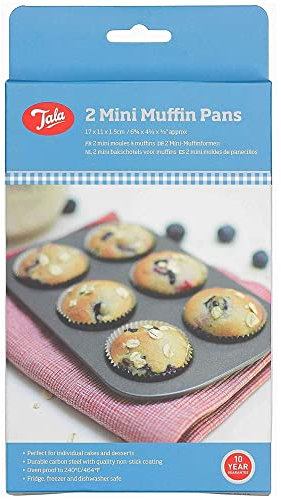 Tala 2 mini bandejas antiadherentes para hornear magdalenas, bandejas de calor uniforme para mini cupcakes, aperitivos y aperitivos, acero al carbono, asas planas anchas, aptas para lavavajillas y