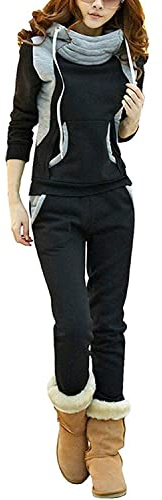 BUOYDM Tuta Donna Sportiva Completa Felpa Cappuccio Collo Alto & Pantaloni 2 pezzi Completo Sportivo Autunno Inverno, Nero M