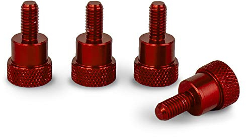 PrecisionGeek® Aluminium Rändelschrauben mit Bund, CNC gefräste eloxierte Flachkopfschrauben für Elektronik, Maschinenbau und DIY (M5 x 10mm | Ø10mm Kopf | Aluminium Rot | 4er-Pack)