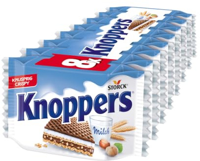 Knoppers, gefüllte Waffelschnitten mit Haselnüssen - 8 x 25 g | Knusperwaffeln mit Milch- & Nougatcreme, gerösteten Haselnüssen & Kakao, einzeln verpackte Süßigkeit für zwischendurch