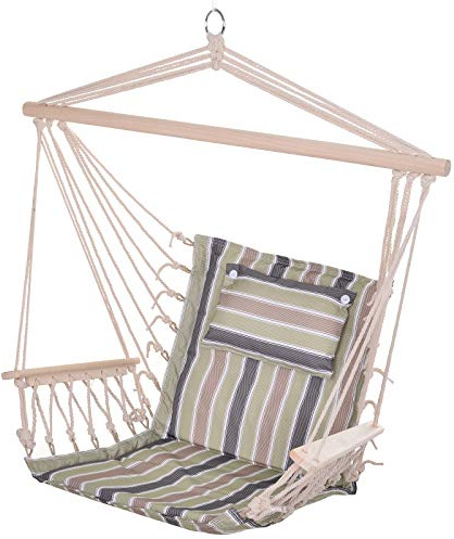 Outsunny Silla Colgante Estampado Rayas Hamaca con Cojín Reposacabezas para Interior Exterior 100x106 cm Carga Máx. 100 kg
