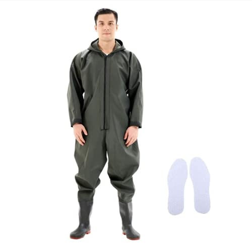 QTDZ Watstiefel Anglerhose für Herren Damen, Outdoor wasserdichte Watthosen Mit Regenkappe Jacke, Weich und rutschfest PVC Gummistiefel Dauerhaft Boot Schuhe,A,45 EU
