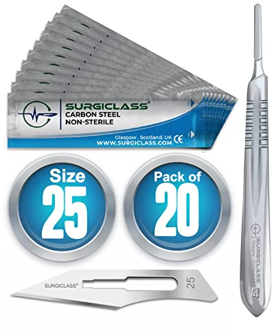 # 25 Carbon Steel Non Sterile Scalpel Surgicals Pack of 20 and Steel Handle for Wood Art, Surgical, Sculpting, Repairs, Lab Anatomy, Sign, Card Making Lab Training SURGIBL25-20