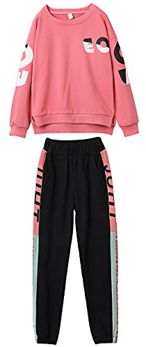 amropi 2 PCS Set Completo Ragazze Tuta a Righe Felpa Top + Jogging Pantalonio Rosso Nero,11-12 Anni