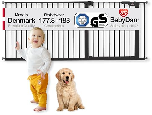 BabyDan Premier, Extra breit Ohne bohren Treppenschutzgitter, 177,8-183 cm, Babygitter/Sicherheitsgitter, Metall, Schwarz, Hergestellt in Dänemark - (Haustiergitter/Hundegitter)