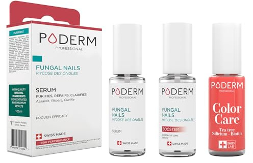 PODERM - 3 PRODOTTI - MICOSI DELLE UNGHIE TRATTAMENTO 3 in 1 | Smalto colorato Rosa corallo TEA TREE | BIO | Trattamento professionale mani/piedi | Facile e rapido | Swiss Made