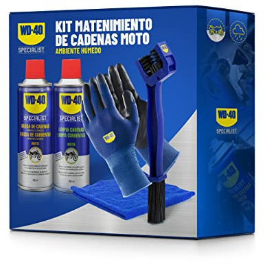 WD-40 Specialist Motorbike Kit Mantenimiento Cadena Moto Ambiente Humedo (Limpia Cadenas + Grasa Cadenas + Cepillo + Guantes + Paño), Blue
