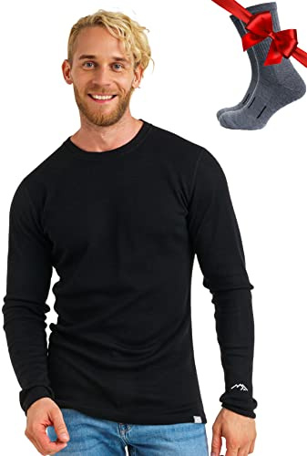 100% Merino Langarmshirt Herren - Merino Unterwäsche Herren + Wollsocken | Atmungsaktive, Geruchshemmend, Schnelltrocknend Merino Shirt Herren, Ganzjahres-Baselayer, Thermooberteil Sport & Wandern