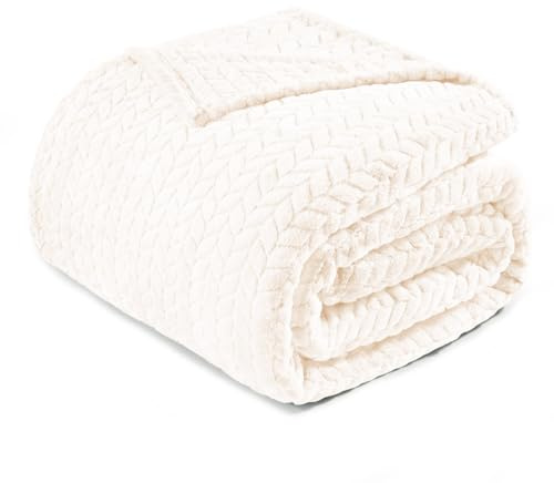 Exclusivo Mezcla Plaid Couverture Polaire en Flanelle, Douce et Tissu Jacquard Plaid Couvertures de Canapé Imprimées de Feuilles, 230x270CM, Ivoire