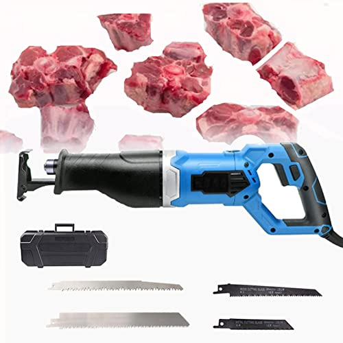 Elektrisk sabelsåg, bensåg handhållen, professionell slaktsåg för att skära fryst kött, bärbar fram- och återgående såg för metall, trä, med 4 sågblad (Färg : Blå, Power : 1300W)