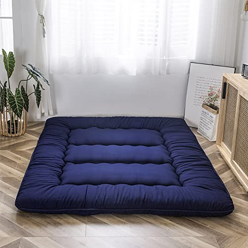 Maxyoyo Futonmadrass, vadderad japansk golvmadrass, kviltad sängmadrass, extra tjock hopfällbar sovdyna, ventilerande golvstol, gästsäng, campingsäng (marinblå, king)