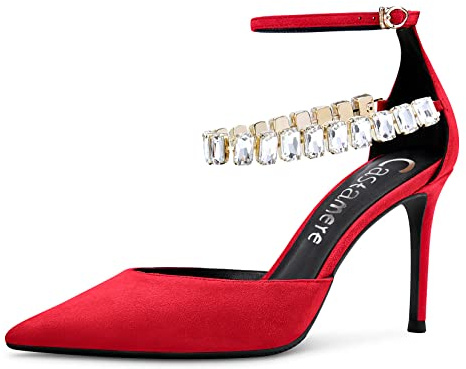 Castamere Donna Spillo Alto High Tacco Heel Cinturino alla Caviglia Pumps Diamante Cristallo a Punta Sandali 8 CM Heels Dress Scarpe Rosso Scamosciato 39 EU