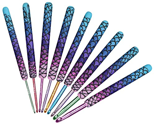 Aeelike Mermaid Crochet Hooks, Comfort Grip Crochet Hooks Set for Beginners | 9 Sizes 2.25mm-6.5mm, Metal Crochet Hooks with Clay Handle, Ergonomic Aluminum Crochet Needles for Arthritic Hands