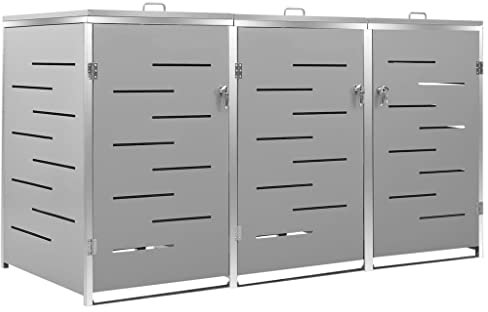 Hommdiy Mülltonnenbox für 3 Tonnen 207x77,5x115 cm Rahmen aus Edelstahl Mülltonnenverkleidung Müllbox Mülltonne Müllcontainer Gartenbox Gerätebox Mülltonnenschrank Grau