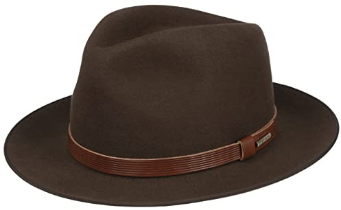 Stetson Vanderson Fedora Haarfilzhut Einfarbiger Klassischer Bogart Filzhut Ledergarniturband Made in the EU Herbst Winter Dunkelbraun 60 cm