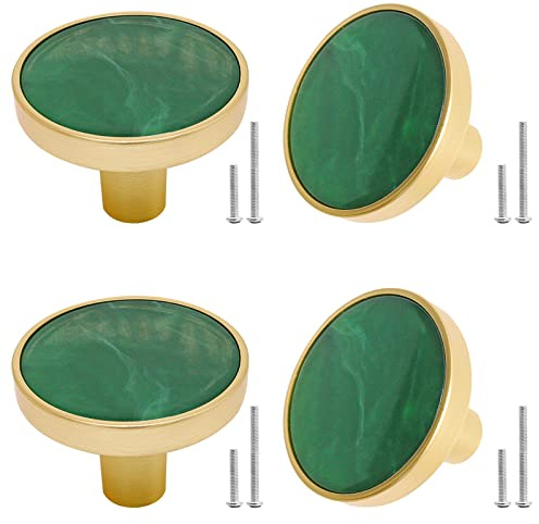 SWZHAI Goldfarbene Schrankknöpfe für Kommoden, Schubladen, gebürstetes Messing, runde Schubladengriffe, 3,8 cm Kommodengriffe für Küchenschränke, Schränke, Möbelknöpfe, Grün, 4 Stück