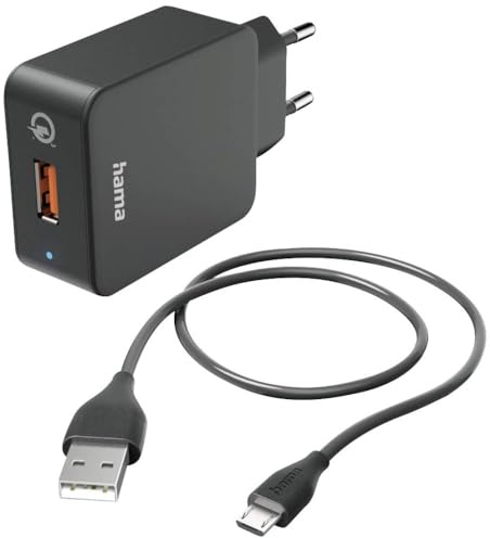Hama Schnellladegerät, mit Ladekabel Micro USB, 19,5W (Set, Qualcomm Quick Charge 3.0, Ladegerät, für Handy, Smartphone, Tablet, Power Pack, Micro-USB Ladegerät, schnellladen, klein) schwarz