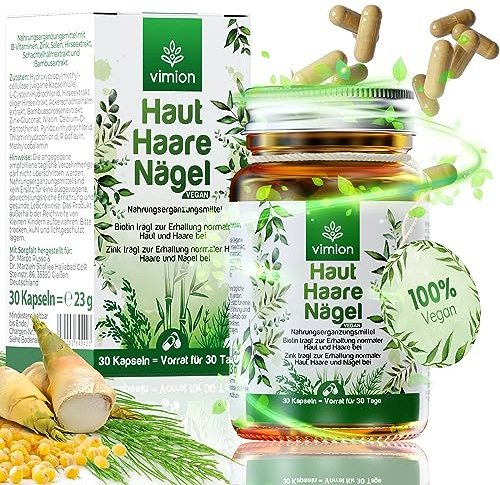VIMION Haut-Haare-Nägel - 30 Kapseln - 100% vegan - mit Biotin, Zink, Selen, B-Vitamin-Komplex, L-Cystein sowie Silizium aus Bambus, Ackerschachtelhalm & Hirse – Vorrat für 30 Tage