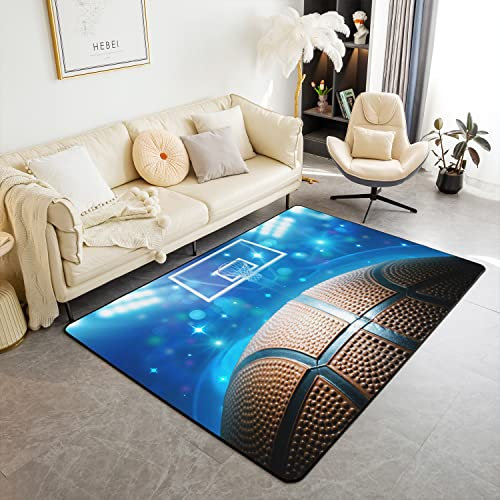 Basketball Modern Teppich rutschfest Weich Teppich 150x200cm Wetterfest Kinder Frauen Blau Ball Spiele Wohnzimmer Teppich Outdoor Teppich für Küche und Balkon Wohnzimmer