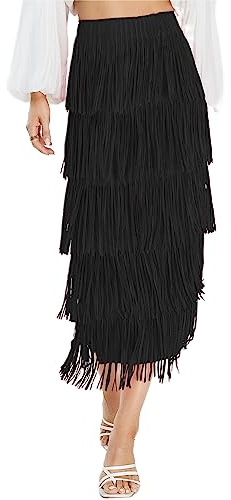 Kisidoo Women's Fringe Trim High Waist Short Pencil Bodycon Skirts, Sexy Elegant Fringe Long Maxi Skirt Summer Party Slim Fitted Wear to Work Outfits Black