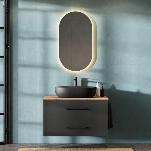Planetmöbel LUX Badmöbel Set Waschbecken mit Unterschrank 90 cm | Aufsatz-Waschbecken 60 cm schwarz, Spiegel 50 cm (ohne LED), Waschbeckenunterschrank Gold Eiche/Anthrazit