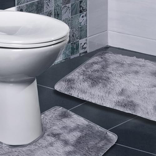 2 Bathroom Mats Sets Pieces Rugs Anti Slip Pedestal Set Fluffy Bath Extra Soft with Water Absorbent Bathmat Accessory For Toilet 40X60CM+50X40(U-Shape) (A)
