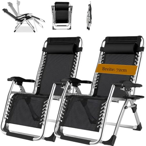 PMFRUG Sonnenliege, Liegestuhl Klappbar Liege Balkon Gartenstuhl Verstellbare mit GeträNkehalter Gartenliege Relax Liegestuhl Wohnzimmer 2er Set (Schwarz)