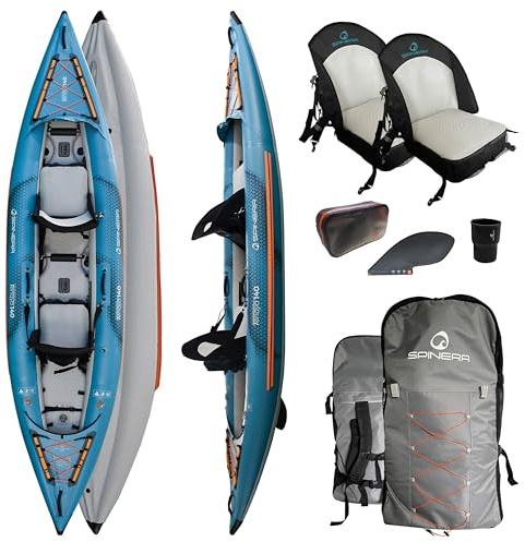 Spinera Tenaya Kajak | 1/2/3 Personen | robustes SpinTex Material | Drop Stitch Boden | Air Cushion Technologie Sitz | stabil & leicht | perfektes Allround & Touring Kajak | Premium Rucksack + Zubehör