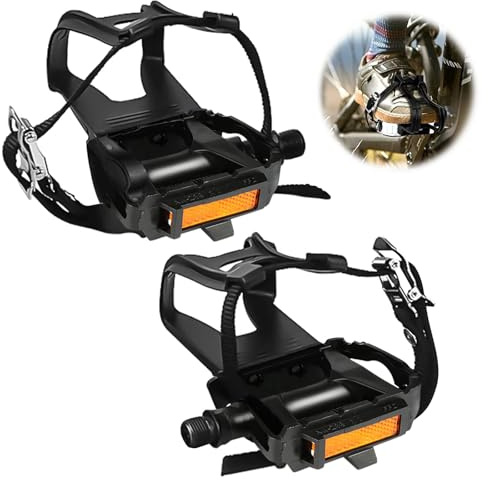 Cykelpedaler med clips och remmar: Aluminium MTB-pedaler, cykelpedaler, tåburar, cykelpedaler, 9/16 tum, pedaler, cykel för utomhuscykling och inomhus, motionscykel, mountainbike, BMX, vägcykelpedaler