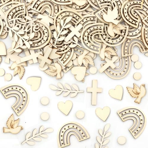 VEGCOO 120 Pièces Confettis en Bois pour Baptême, Communion - 6 Styles, Décoration de Table de Baptême pour Garçons et Filles - Confettis Forme Colombe Croix Accessoire DIY Bricolage