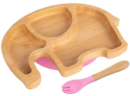 Tiny Dining 2pc Rosa Bambus-Elefant-Baby-Entwöhnungsteller & Gabelsatz - Hölzern Geteilt Kleinkind Kinder Essen Fütterung Tablett - Silikon Saugnapf