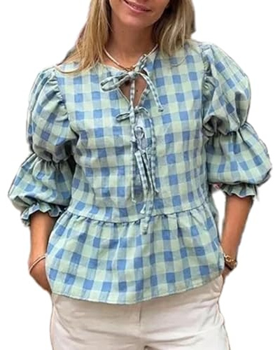 NIUVOO Blusa de verano para mujer, diseño de peplum con lazo frontal, manga abombada, dobladillo con volantes, blusa holgada, casual, para salir, ropa estética Y2K, atuendo de moda, A azul, S