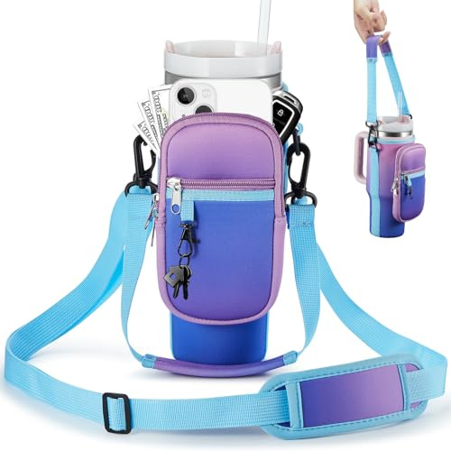 BULKITEM Water Bottle Carrier Bag with Phone Pocket for Stanley 40 & 30 oz Tumbler with Handle,Pink Insulated Neoprene Cup Holder Pouch w/Adjustable Strap for Quencher H2.0 Stanley Cup Accessories