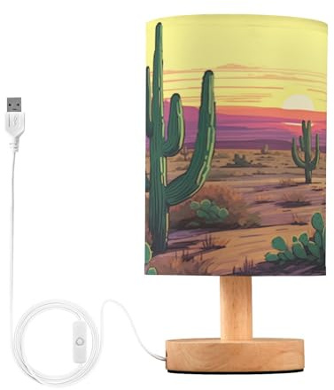 SKYSHU Lampe de chevet en forme de cactus - Petite lampe de bureau LED USB avec base en bois antidérapante et abat-jour agréable pour les yeux - Pour salon, chambre à coucher, dortoir, maison, bureau