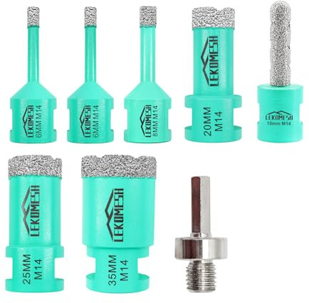 LEKOMESH Kit di punte diamantate per piastrelle a tazza – 8 pezzi (6/6/8/20/25/35 mm + 10 mm diamante fresa + adattatore) per porcellana ceramica ceramica marmo granito, filettatura M14