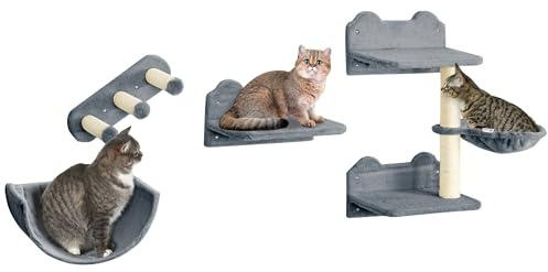 PawHut Estante de Escalada para Gatos de Pared con Hamaca 4 Piezas Gris | Juego de Estantes para Gatos, Nido Rascador, Plataformas para Saltar, Poste de Sisal