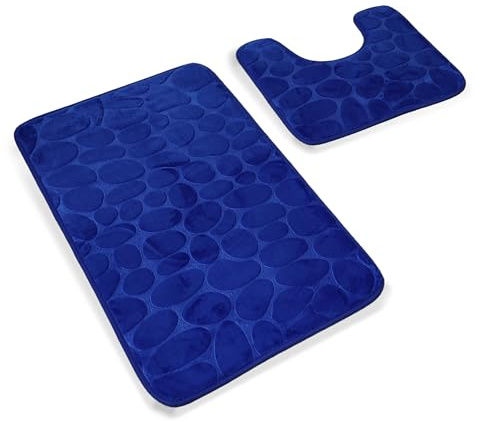 DIVCHI Non Slip Bath Mat Set - 2 Piece Thickened Bathroom Mat Set - Extra Absorbent 100% Memory Foam Bath Mat (80 x 50cm) and Pedestal Toilet Mat (50 x 40cm U Shape) (Navy Blue)