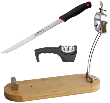 CUPERINOX | Supporto per prosciutto in bambù pieghevole e girevole con coltello professionale, Affilacoltelli copri prosciutto| Prosciutto Elite Collection