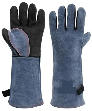 KAKAK Ignífugo Guantes de cuero for trabajo de protección de soldador, guantes resistentes a perforaciones y calor for estufa de cocina de 1,3mm for soldar Protección resistente al calor(Grey)
