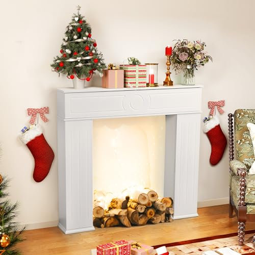 FOERPL Manteau de Cheminée, 107 X 19 X 100 cm Cadre Cheminee Blanc en Bois 3 Portes Meuble pour Cheminée Console Manteau de Cheminée Décorative avec Rangement pour Salon Chambre