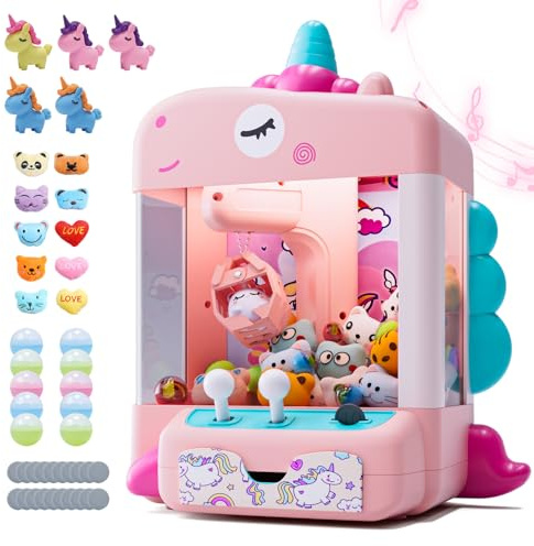 Skirfy Unicorns Claw Machine, Mini Vending Machine with Lights & Music, Adjustable Sound, Candy and Electronic Prize Dispenser, Includes 45 Toys, Candy and Birthday Gift for Kids Girls