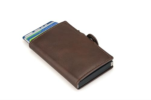 REFENCH RFID-blockierende Pop-Up Kartenhalter Geldbörse für Herren – Schlanke automatische Ausweishülle mit Geldband | Minimalistisches Design in Leder Braun & Carbonfaser Schwarz (Leather Brown)